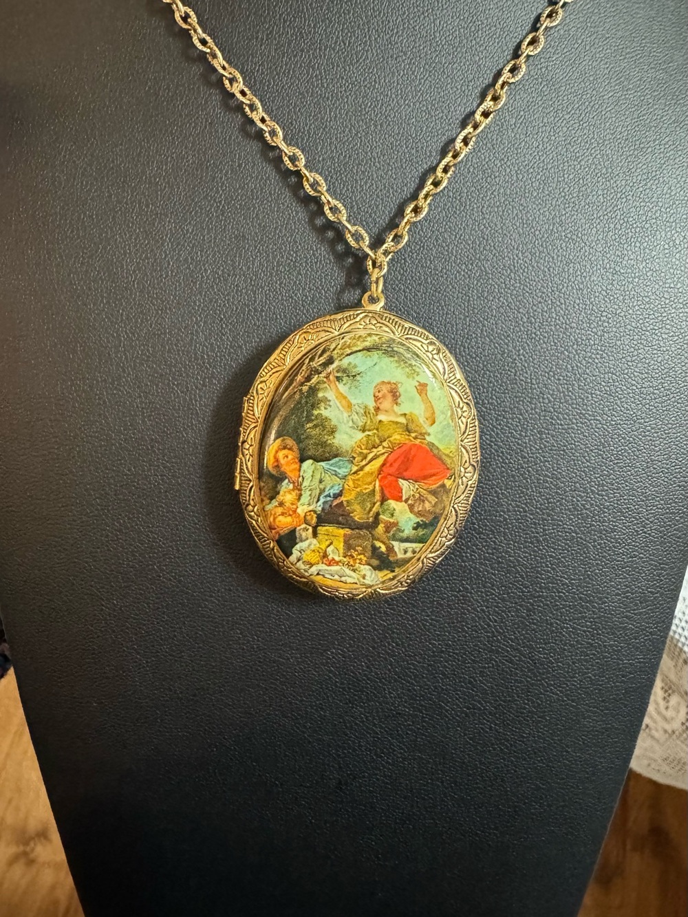 Vintage Gold Tone Oval Locket Necklace with Printed Scene of a Courting Couple